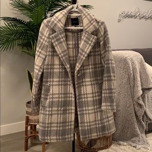 Dynamite Plaid Pea Coat in Gray and Cream